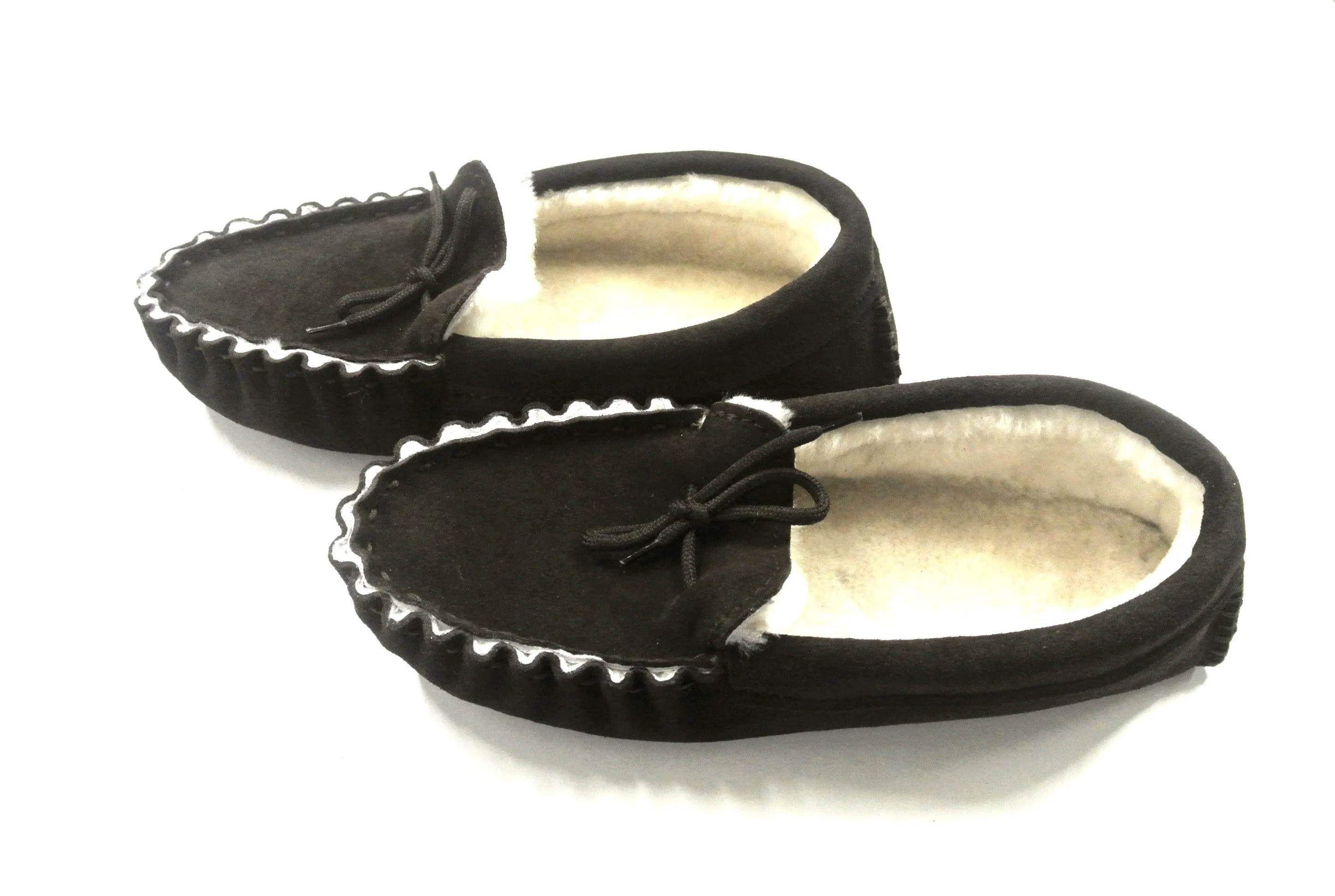 100% Genuine Sheepskin Moccasin Slippers In Dark Brown Unisex Made In The UK Sizes 3-12