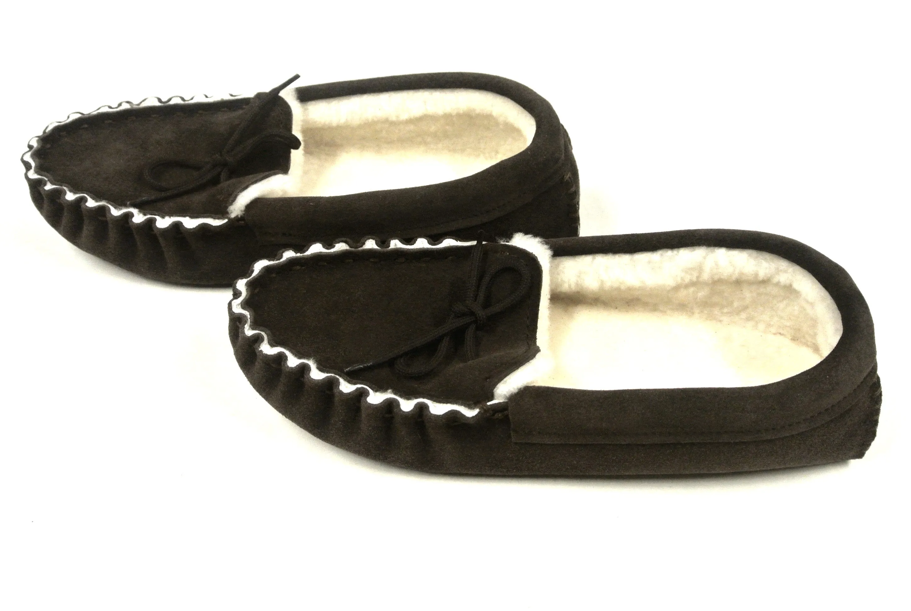 100% Genuine Sheepskin Moccasin Slippers In Dark Brown Unisex Made In The UK Sizes 3-12