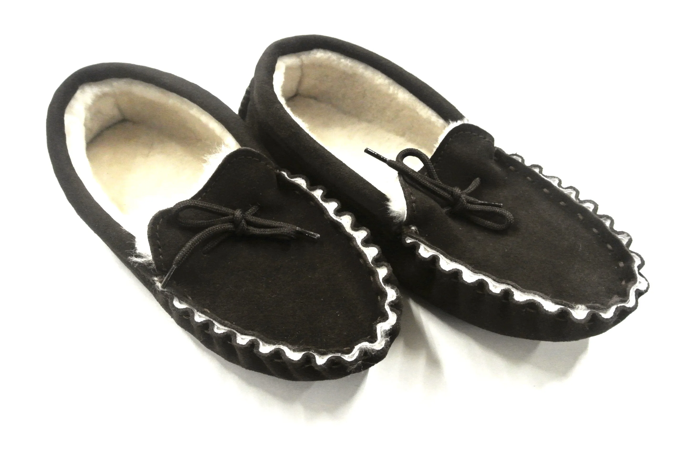 100% Genuine Sheepskin Moccasin Slippers In Dark Brown Unisex Made In The UK Sizes 3-12