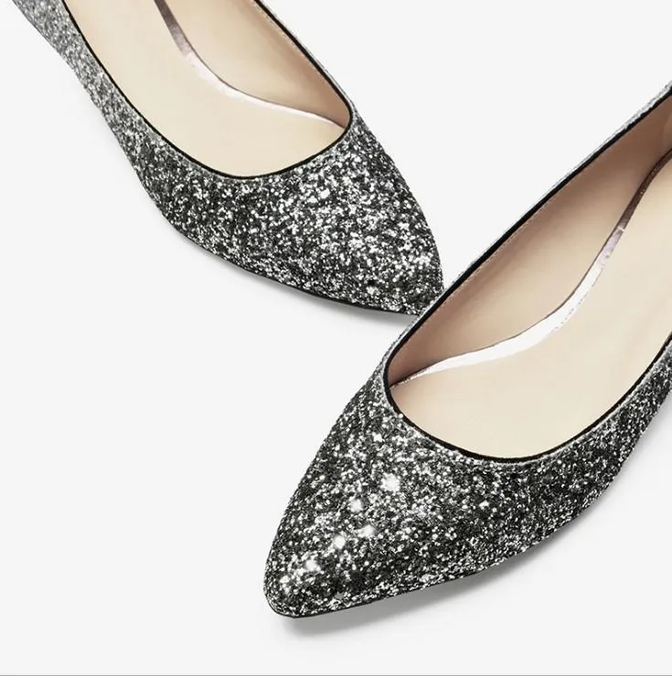 Casual Sequins Point Toe Silver Flat Women Heels