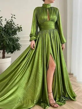 Elegant Long Sleeves Side Slit A-line Long Prom Dress, PD3755