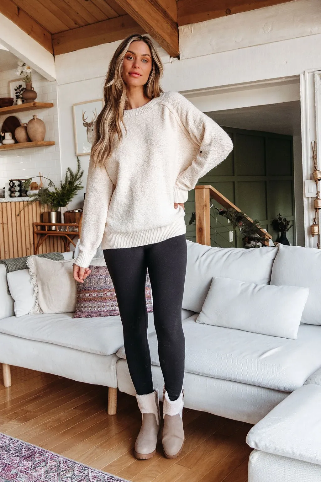 Fuzzy Cream Ribbed Pullover Sweater