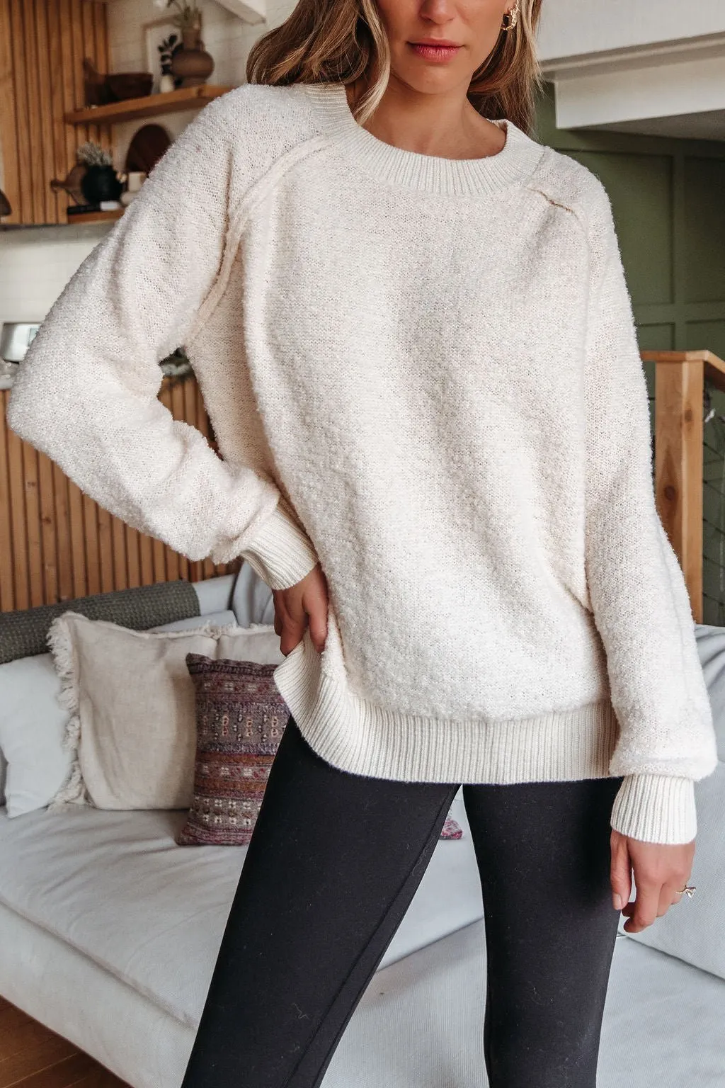 Fuzzy Cream Ribbed Pullover Sweater