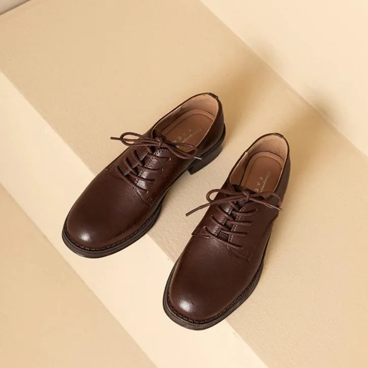 Handmade British style Round Toe Lace Up Leather Chunky Heeled Loafers