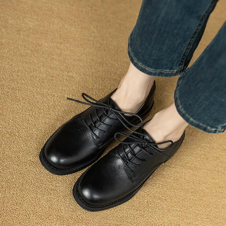 Handmade British style Round Toe Lace Up Leather Chunky Heeled Loafers