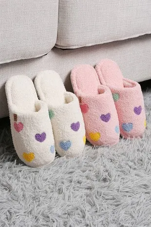 Hearts Embroidered Soft Home Indoor Floor Slippers - Pink or Ivory