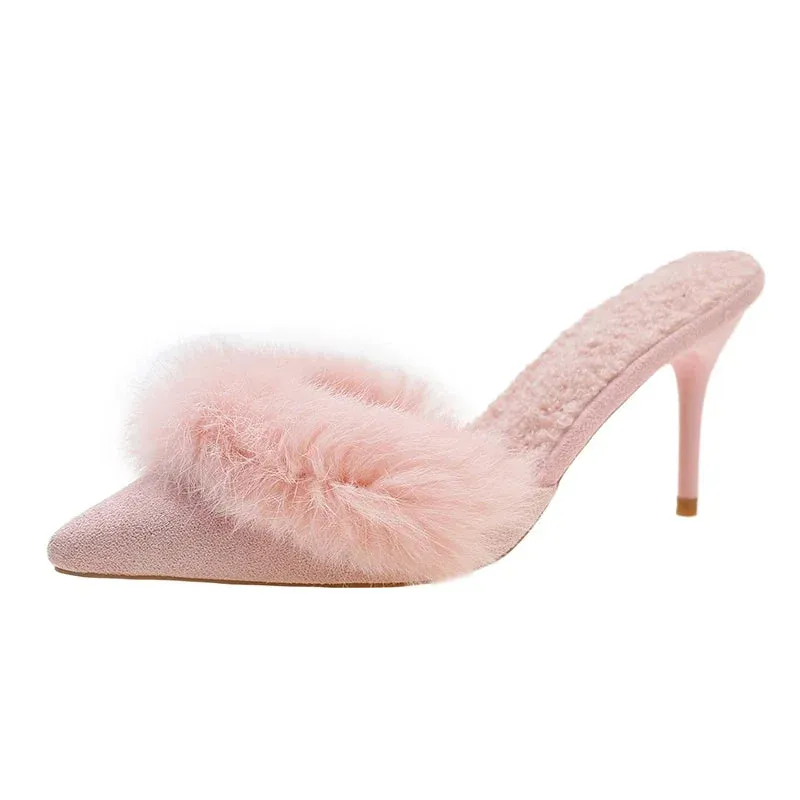 High Heel Fur Spring Pointed Toe Mules Sandals