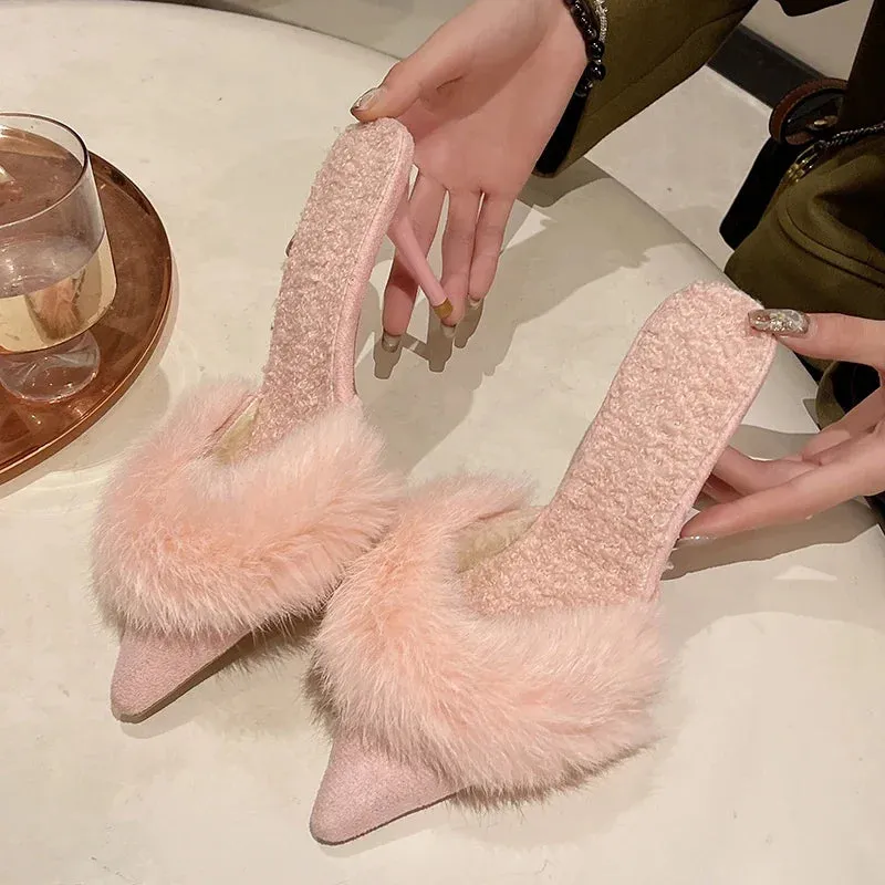 High Heel Fur Spring Pointed Toe Mules Sandals