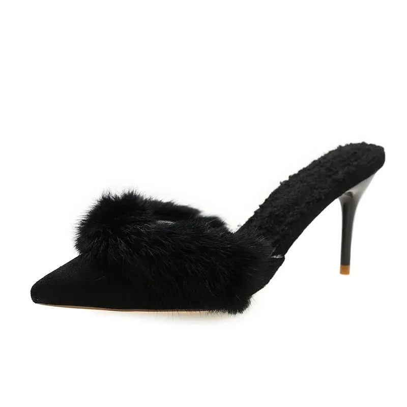 High Heel Fur Spring Pointed Toe Mules Sandals