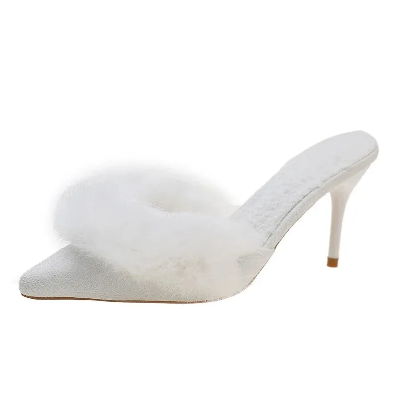 High Heel Fur Spring Pointed Toe Mules Sandals