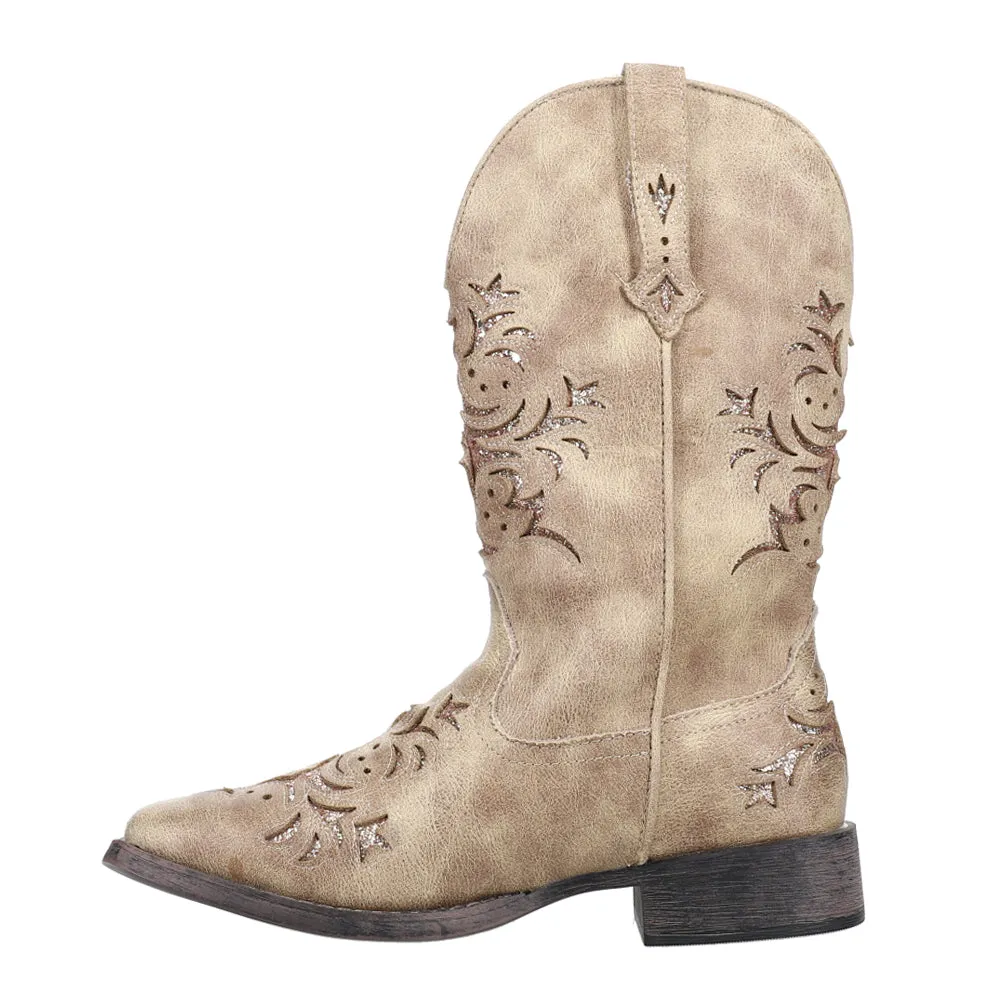 Kennedy Glitter Tooled Inlay Square Toe Cowboy Boots