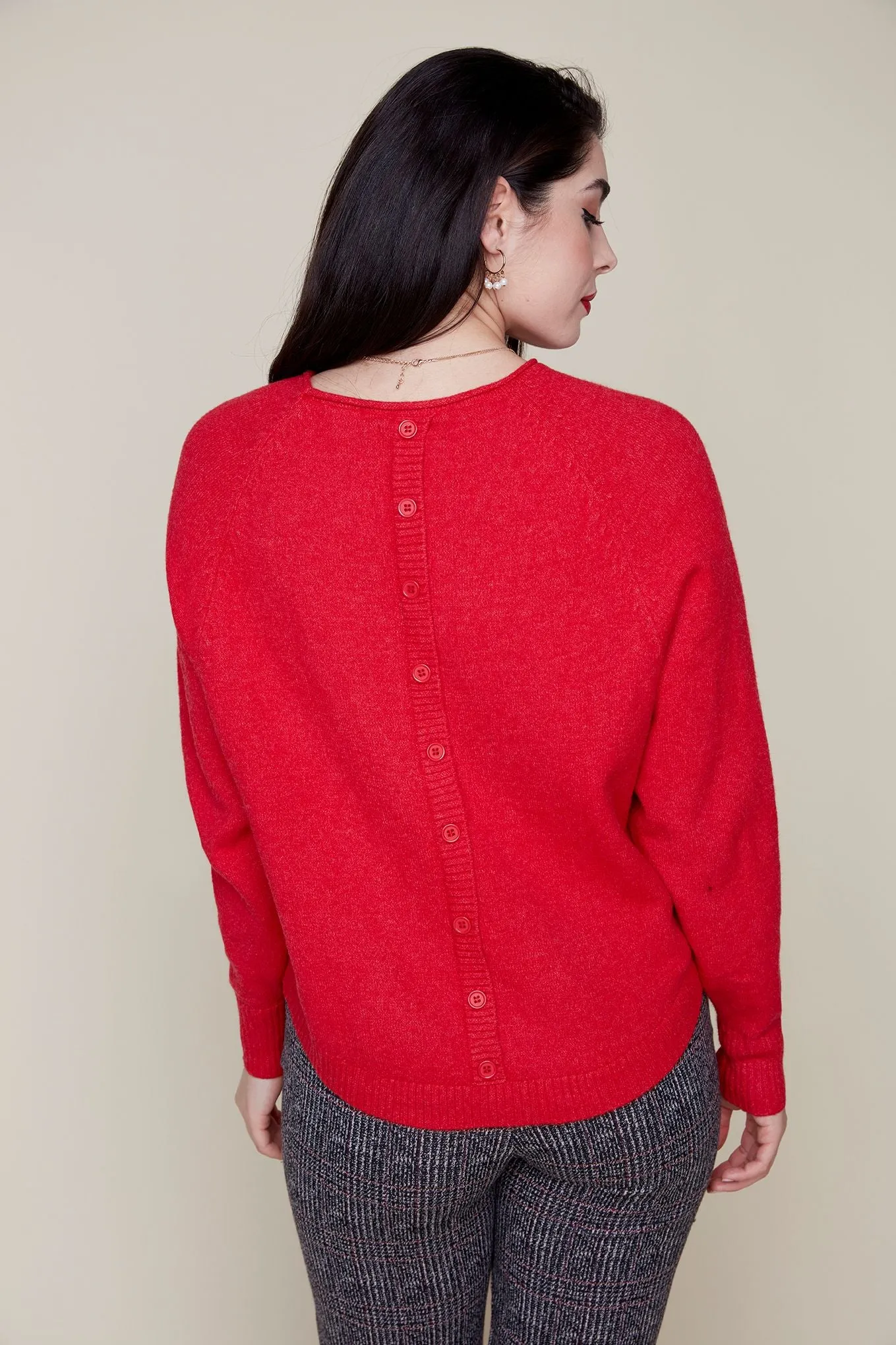 Long Sleeve Crew Neck Button Back Sweater