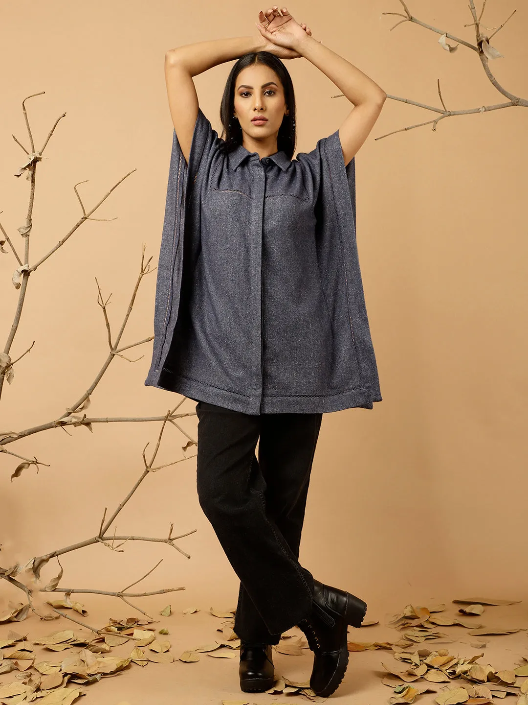 Navy Blue Woolen Poncho Top