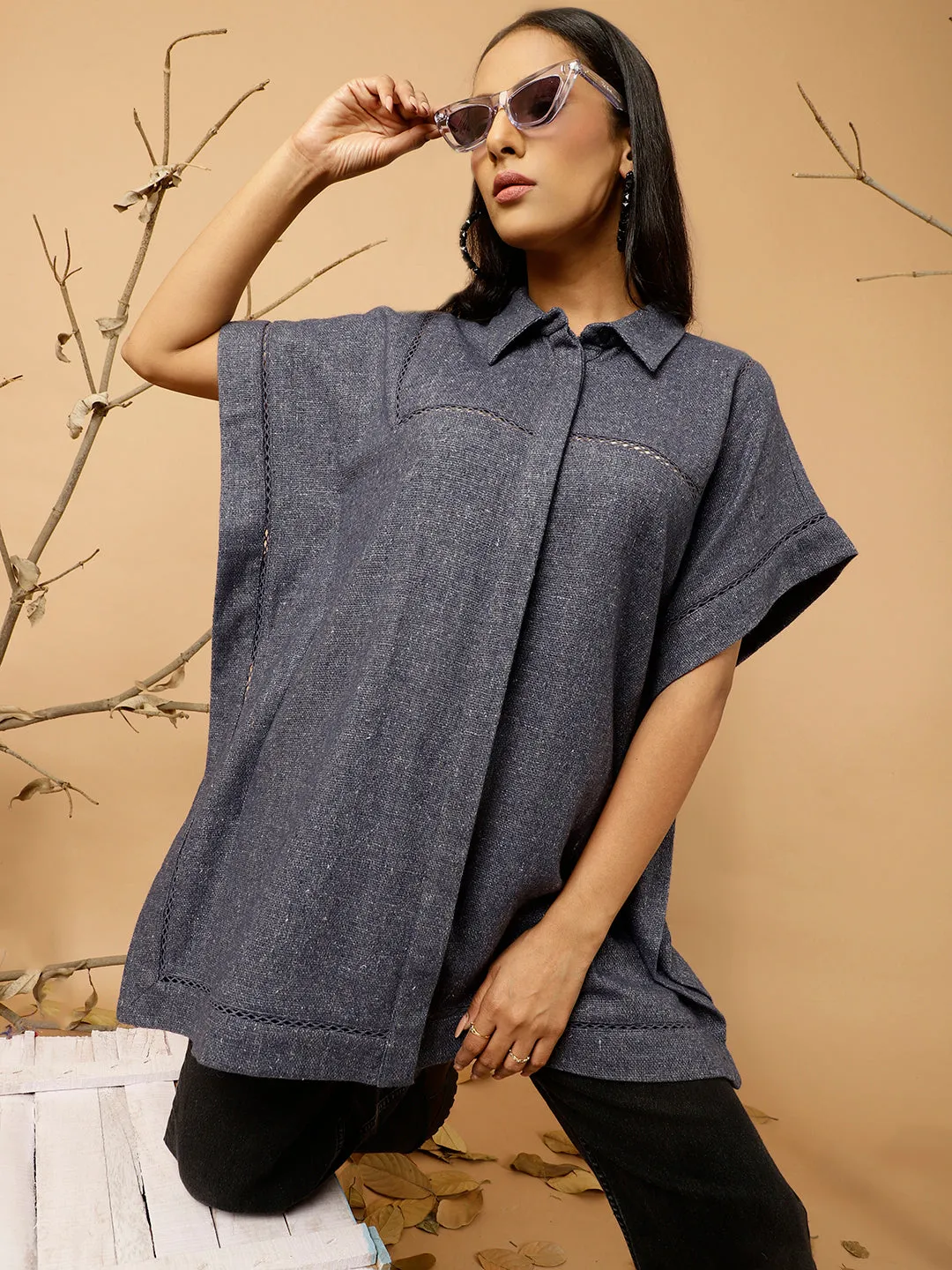 Navy Blue Woolen Poncho Top