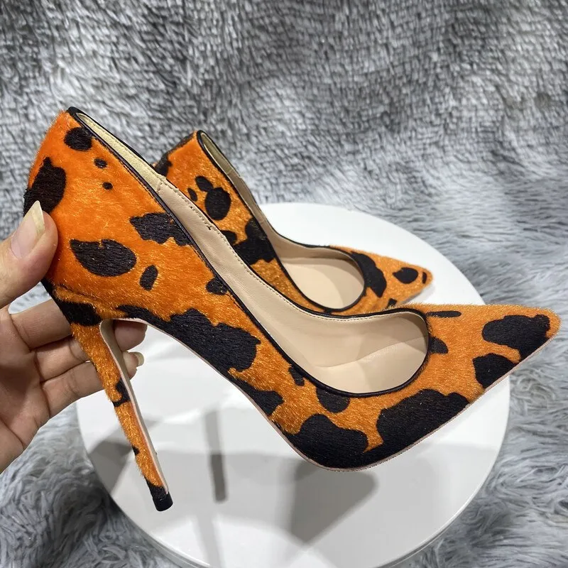 Orange Cow Print Hairy Flock Women Pointy Toe High Heel Shoes 8cm 10cm 12cm Slip On Sexy Stiletto Pumps for Party Dress