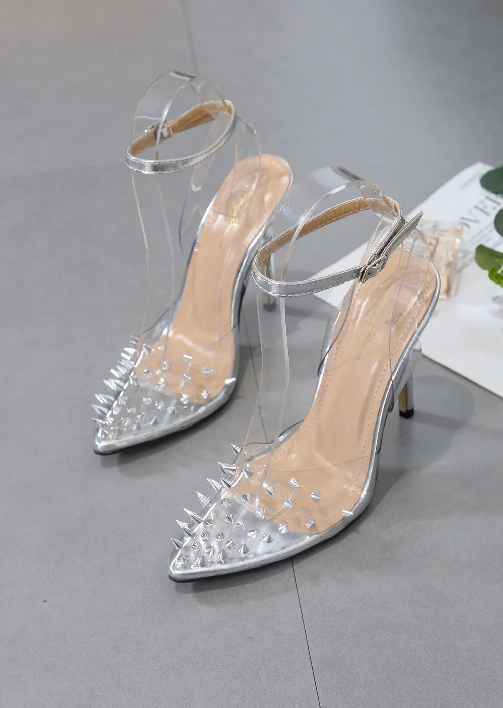 Sexy Pointed Toe Transparent Rivets High Heel