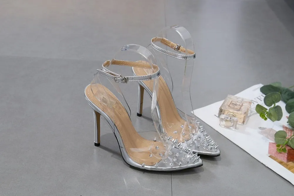 Sexy Pointed Toe Transparent Rivets High Heel