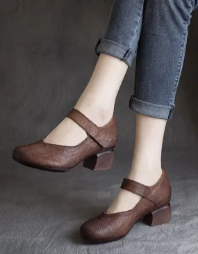 Vintage Leather Comfortable Chunky Heels Pumps