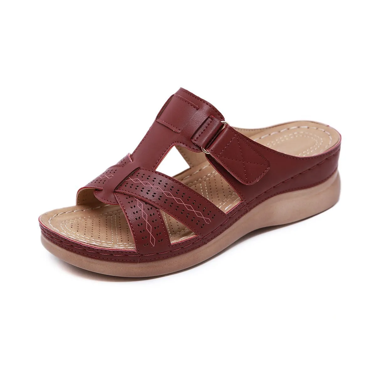 Women summer peep toe platform wedge slides arch support velcro slides