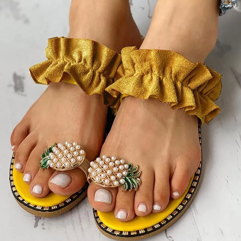 Women Summer Pineapple Rhinestone Beach Slide Sandals